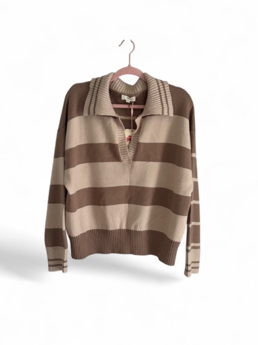 Entro Striped Collared Pullover Sweater Beige & Brown Polo Collar Knit Top Sz L